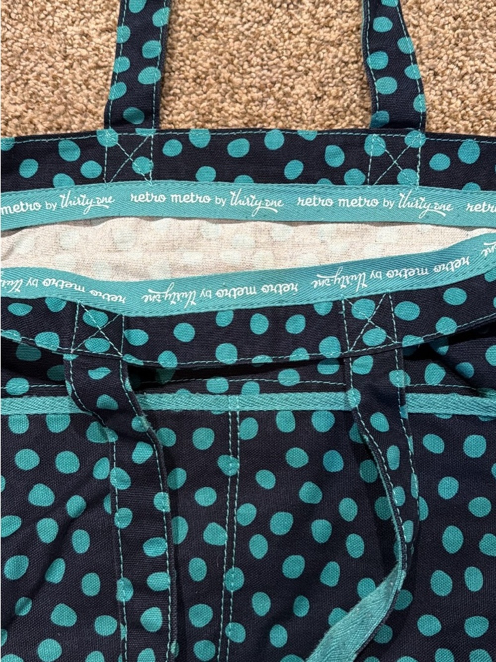 thirty-one Navy and Teal Polka Dot Tote